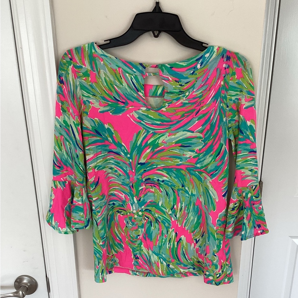 Lilly Pulitzer Pink and Green Leaf Print Blouse, XS